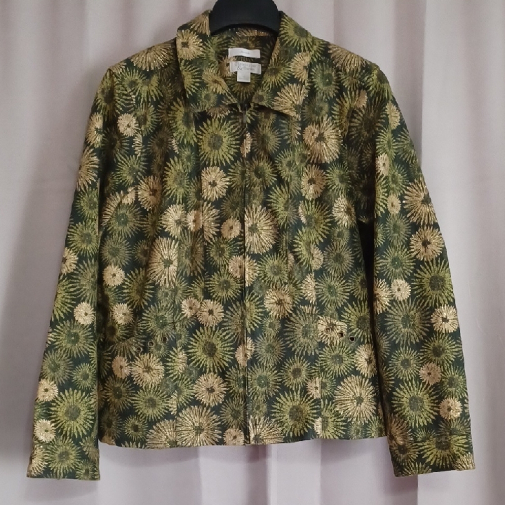 Christopher&Banks Green Jean Jacket Gold Metallic Flower Starburst Pattern Sz XL
